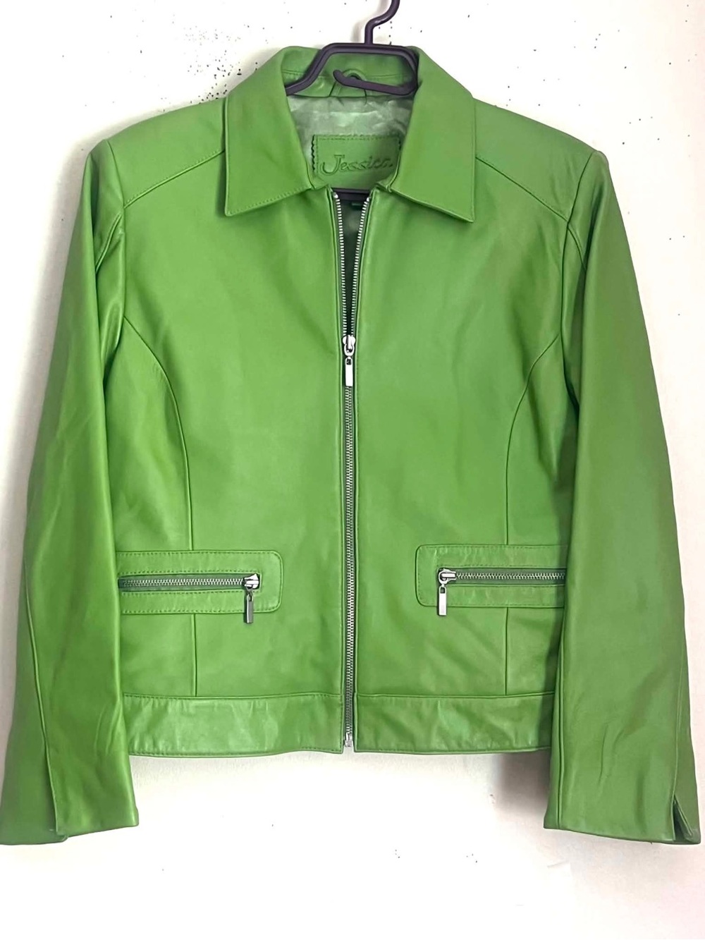 Jessica Green Leather Zip-Front Jacket